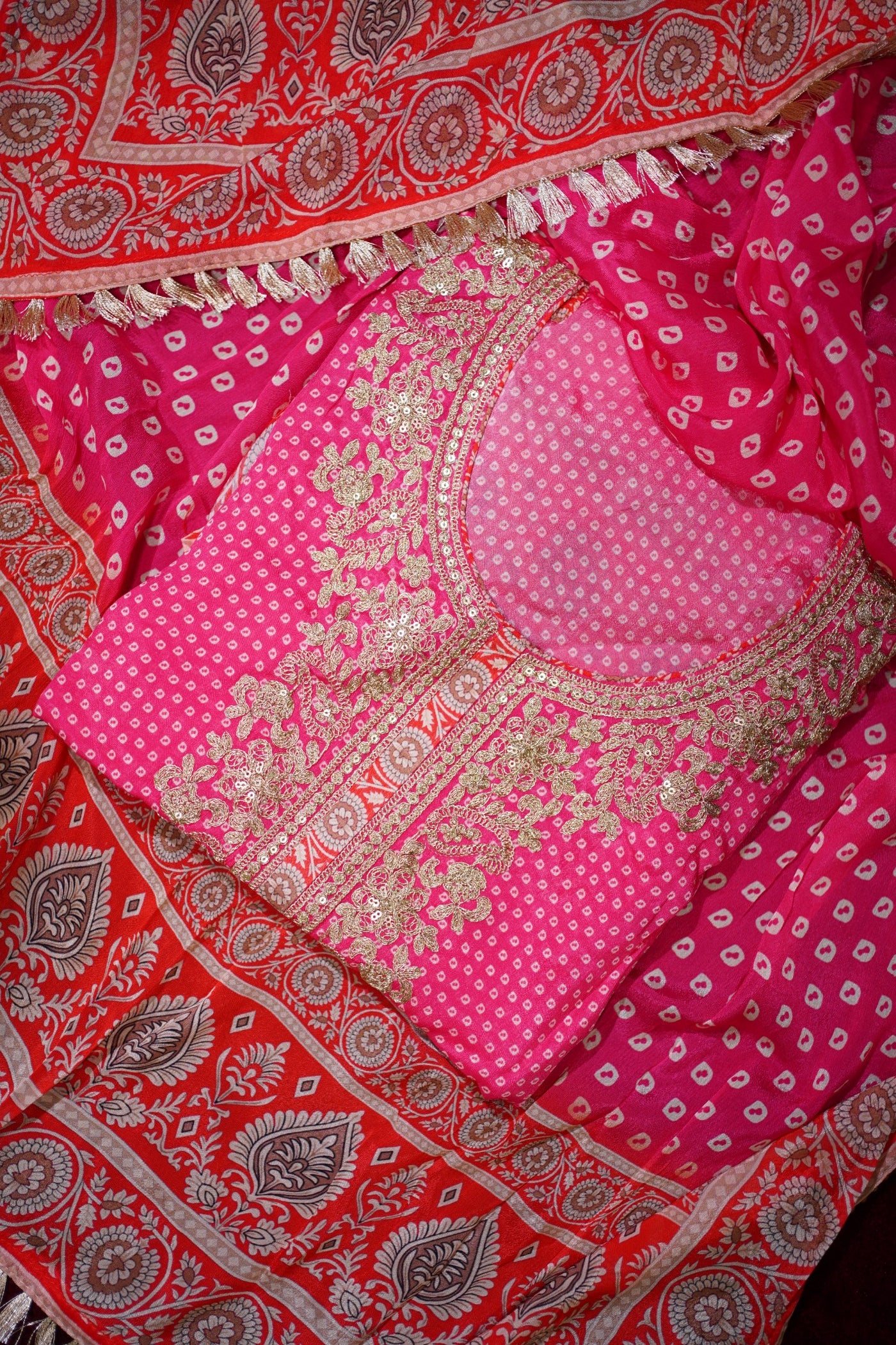 Pink Bandhani Embroidered Chinon Suit Set