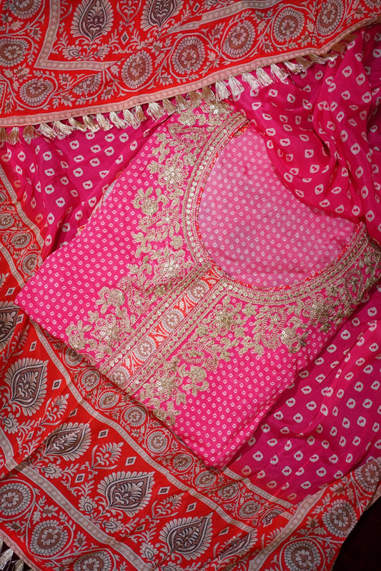 Pink Bandhani Embroidered Chinon Suit Set