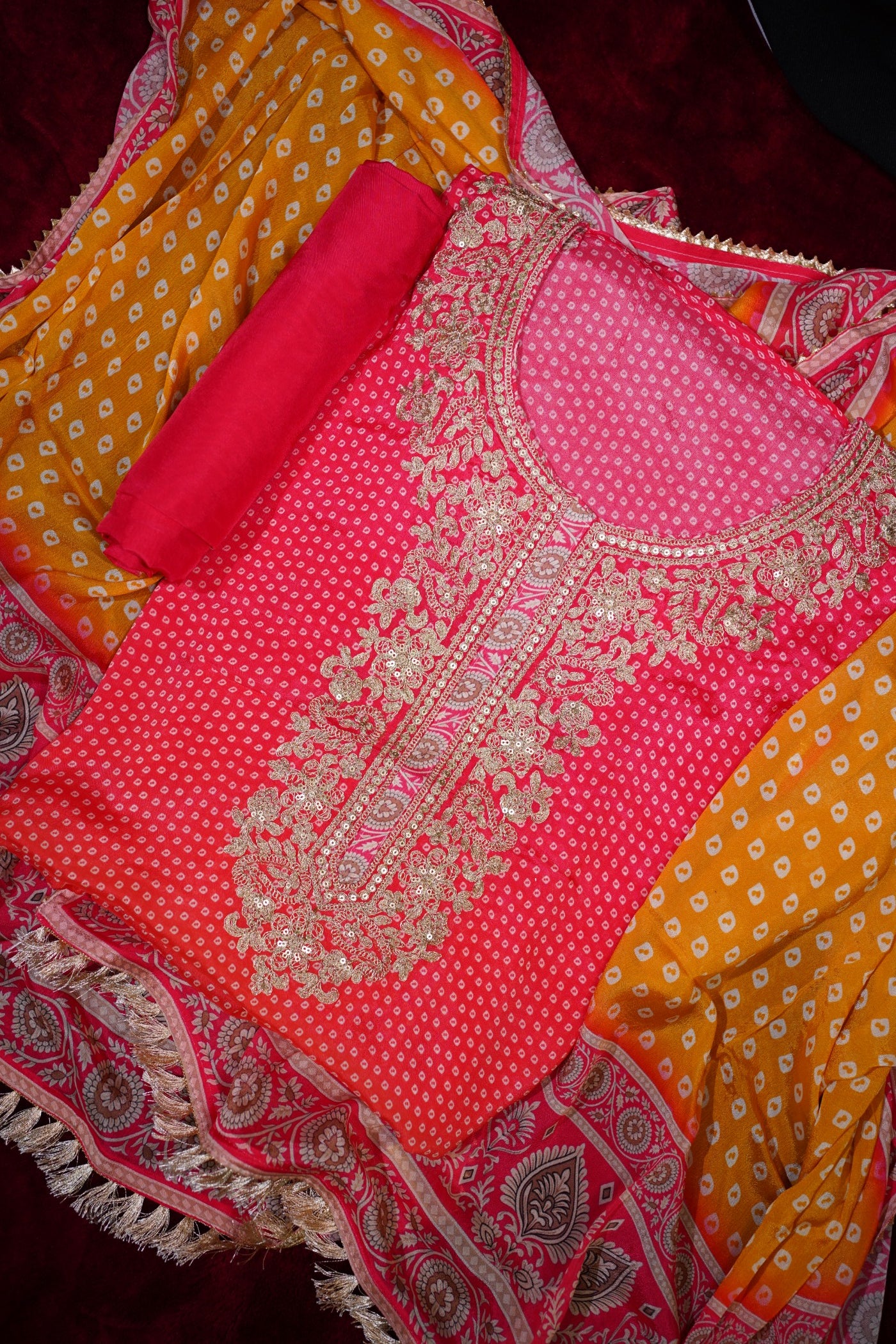 Peach & Yellow Bandhani Chinon Suit Set