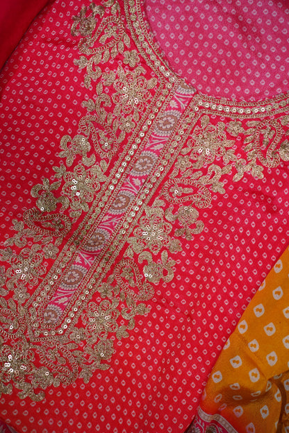 Peach & Yellow Bandhani Chinon Suit Set