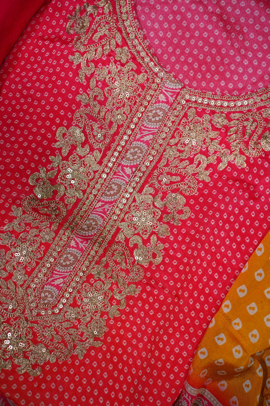 Peach & Yellow Bandhani Chinon Suit Set