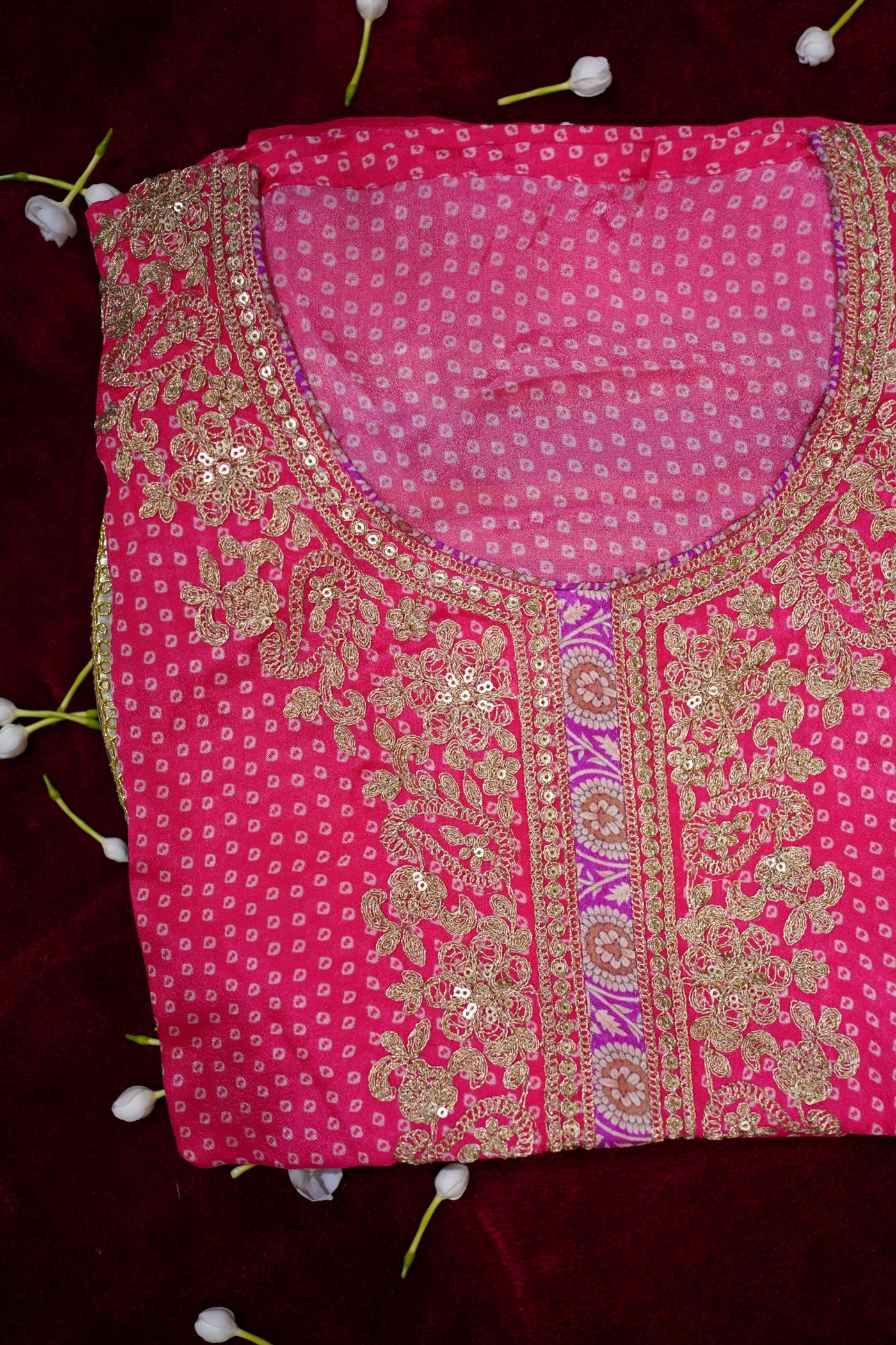 Pink & Purple Bandhani Chinon Suit Set