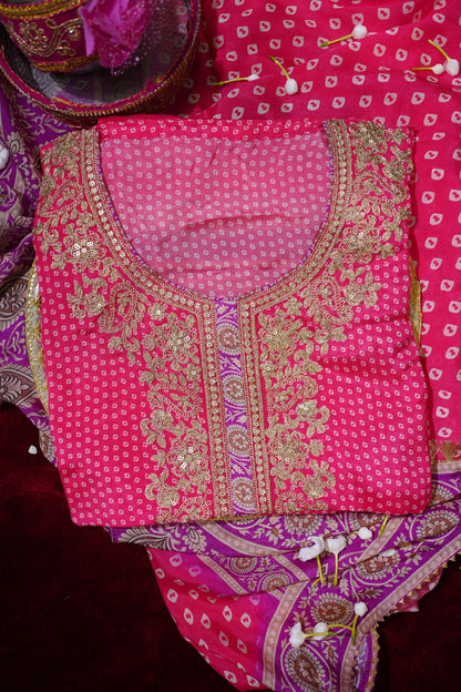 Pink & Purple Bandhani Chinon Suit Set