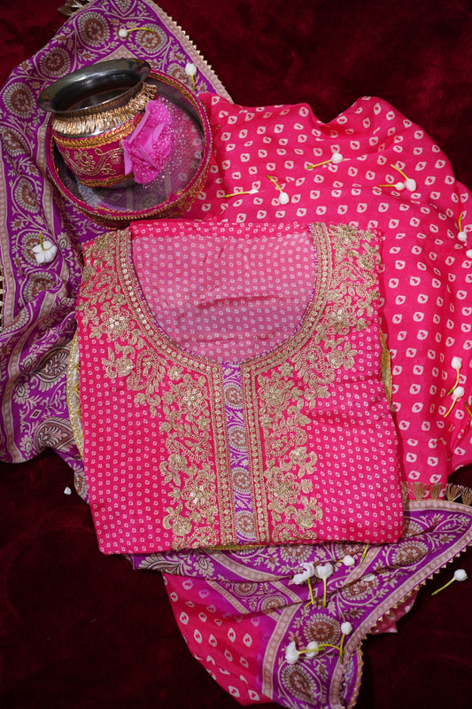 Pink & Purple Bandhani Chinon Suit Set