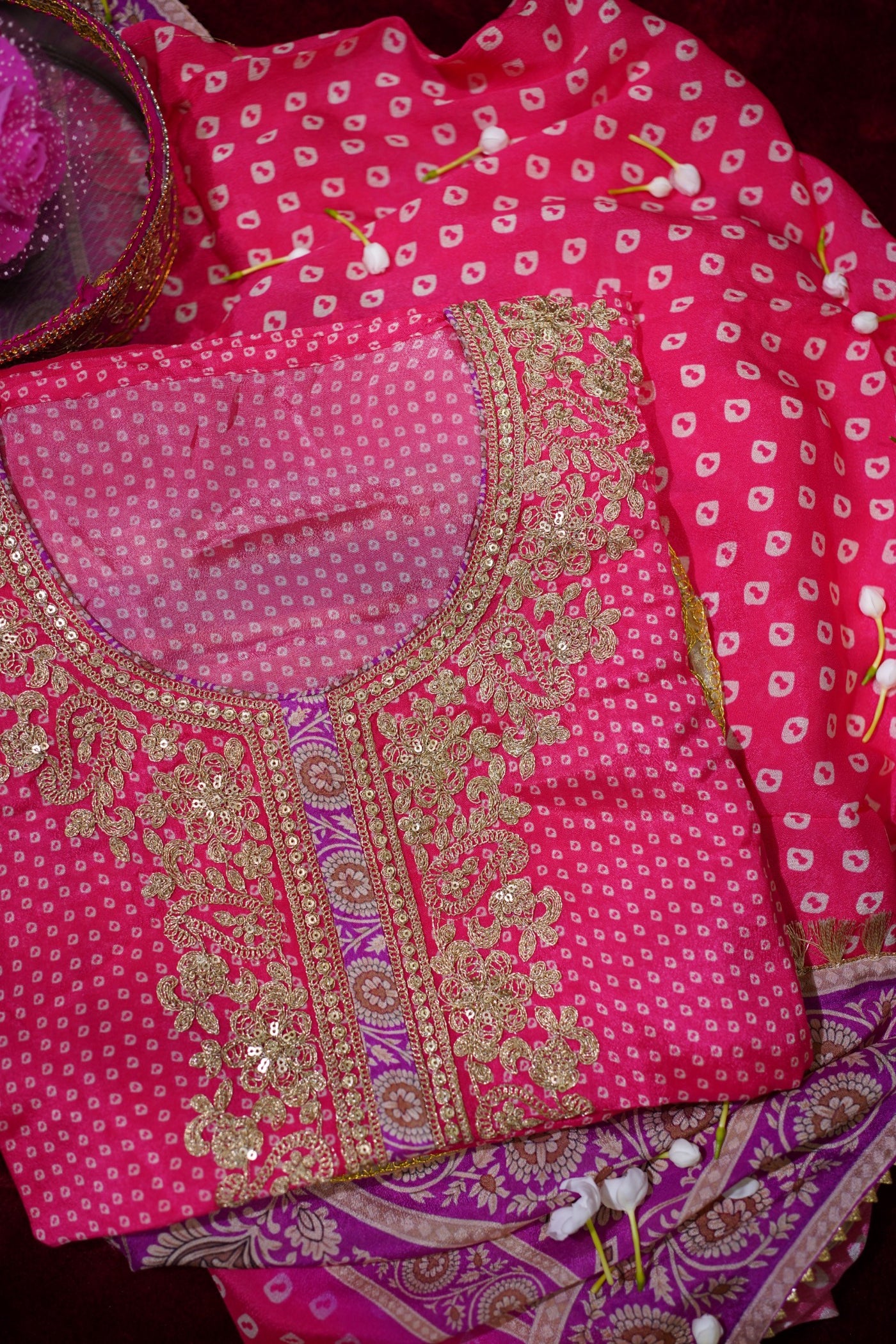 Pink Bandhani Embroidered Chinon Suit Set