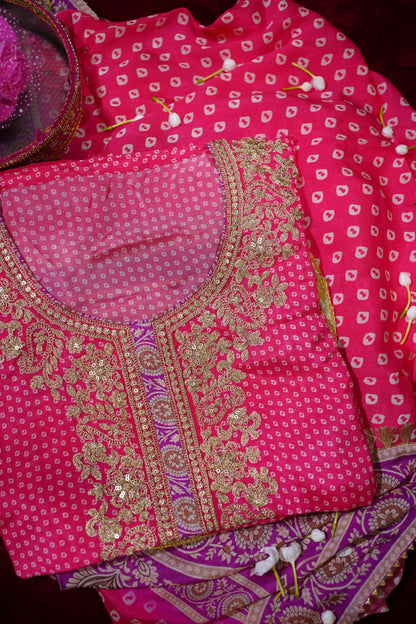 Pink Bandhani Embroidered Chinon Suit Set
