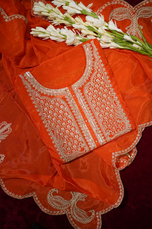 Orange Banarasi Organza Suit Set