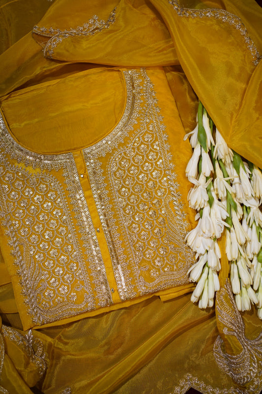 Yellow Banarasi Organza Suit Set
