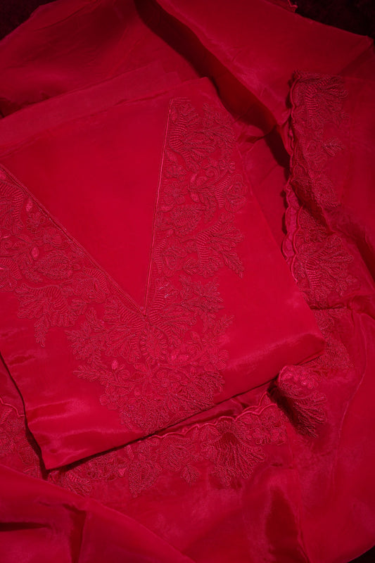Red Banarasi Organza Suit Set