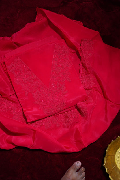 Red Banarasi Organza Suit Set