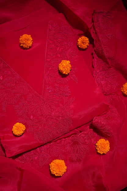 Red Banarasi Organza Suit Set