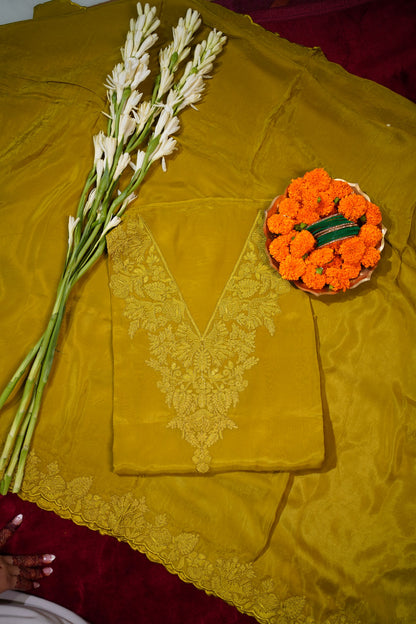 Mustard Yellow Banarasi Unstitched Suit Set