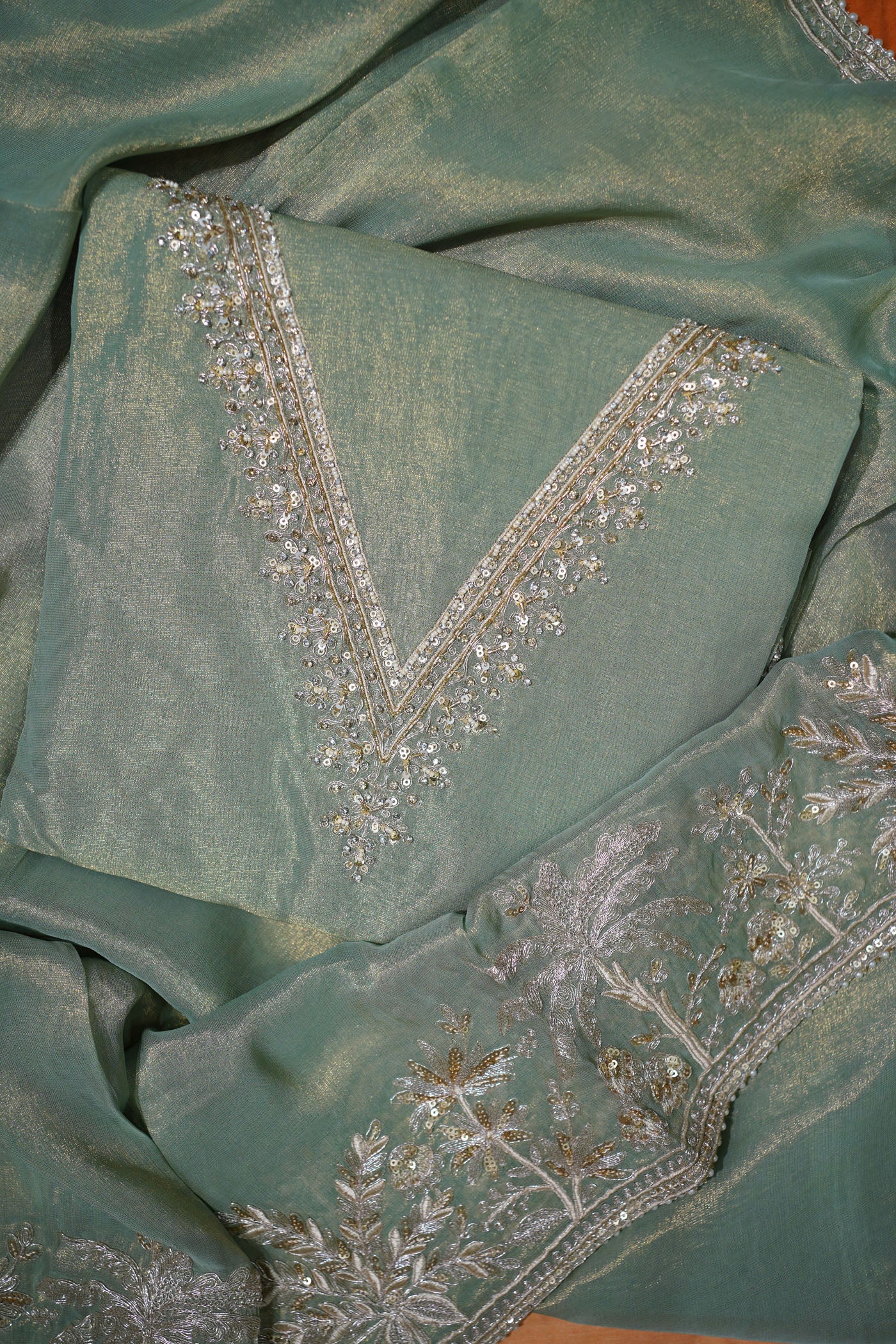 Emerald Feather Tissue Dori Embroidered Kurta Set