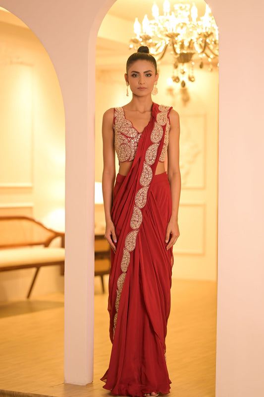Red Embroidered Pre-Draped Saree Set