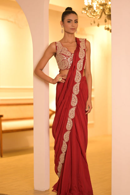 Red Embroidered Pre-Draped Saree Set
