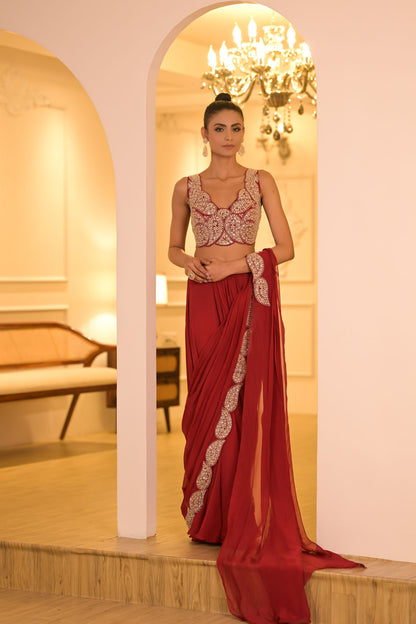 Red Embroidered Pre-Draped Saree Set