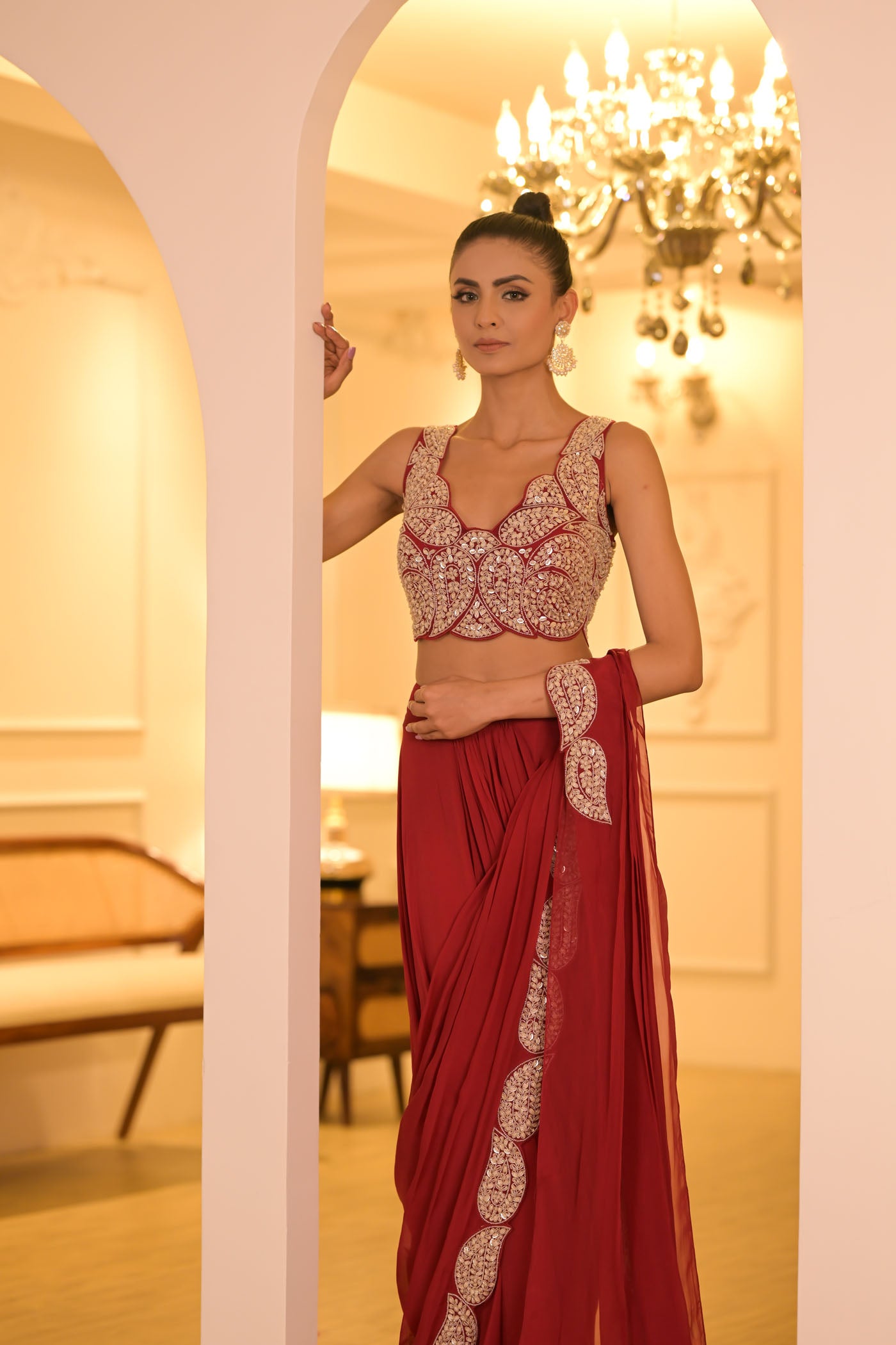 Red Embroidered Pre-Draped Saree Set