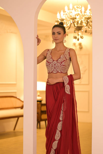 Red Embroidered Pre-Draped Saree Set