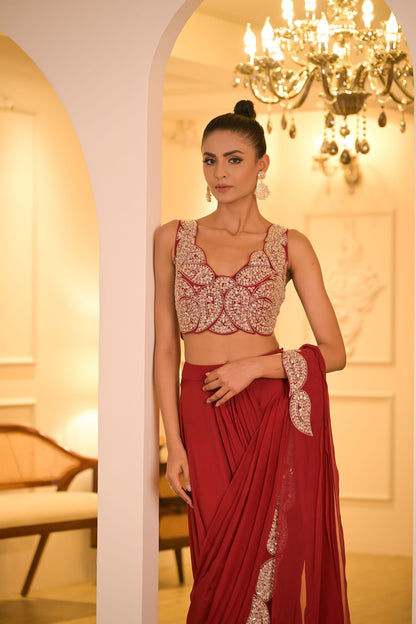 Red Embroidered Pre-Draped Saree Set