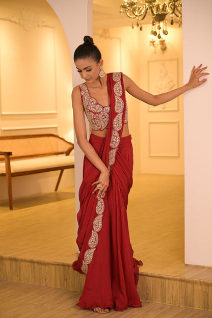 Red Embroidered Pre-Draped Saree Set