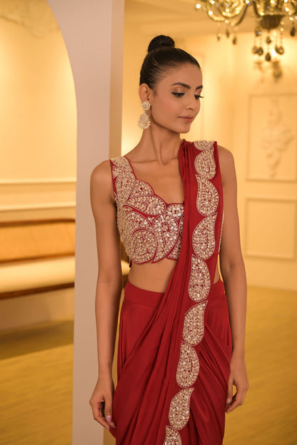 Red Embroidered Pre-Draped Saree Set