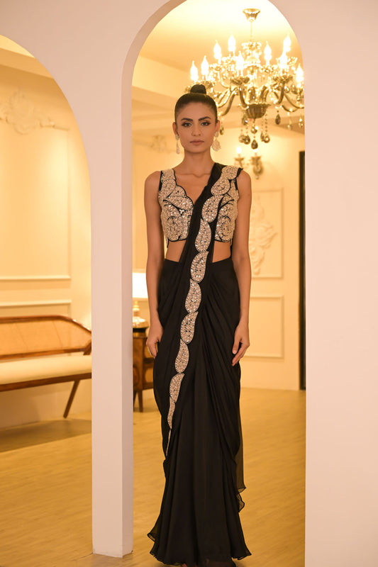 Black Embroidered Pre-Draped Saree Set