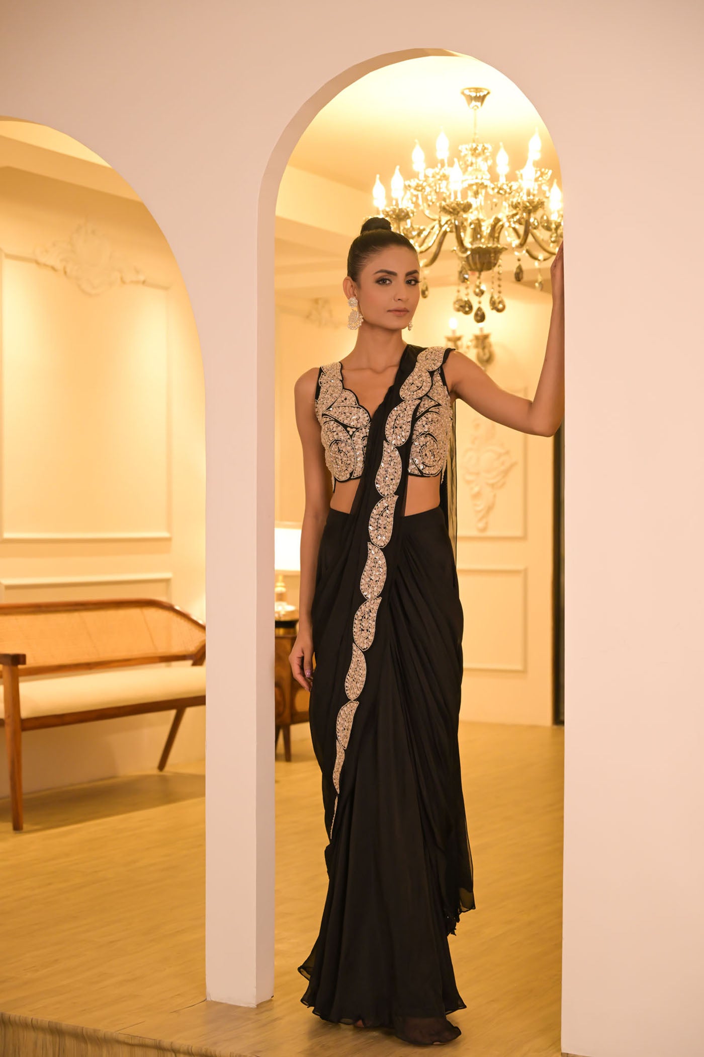 Black Embroidered Pre-Draped Saree Set