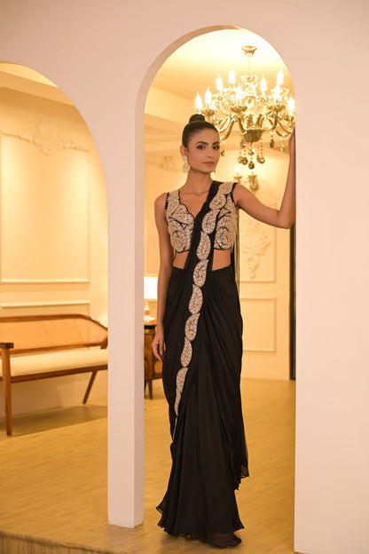 Black Embroidered Pre-Draped Saree Set
