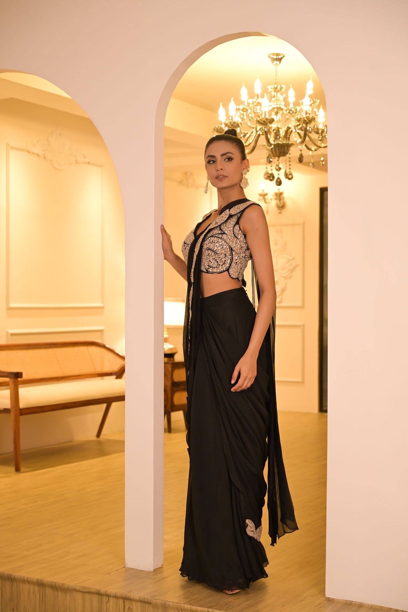 Black Embroidered Pre-Draped Saree Set