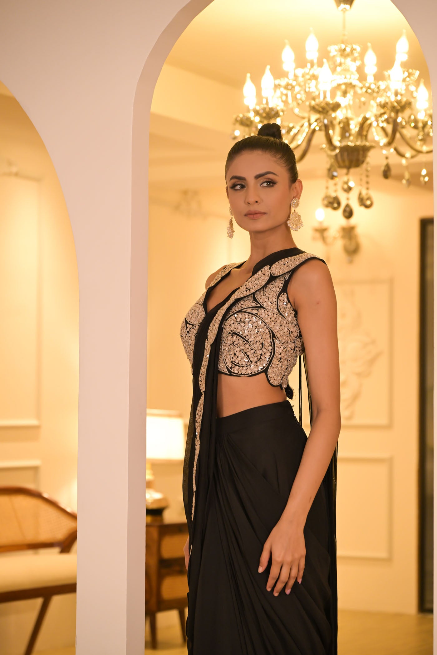 Black Embroidered Pre-Draped Saree Set
