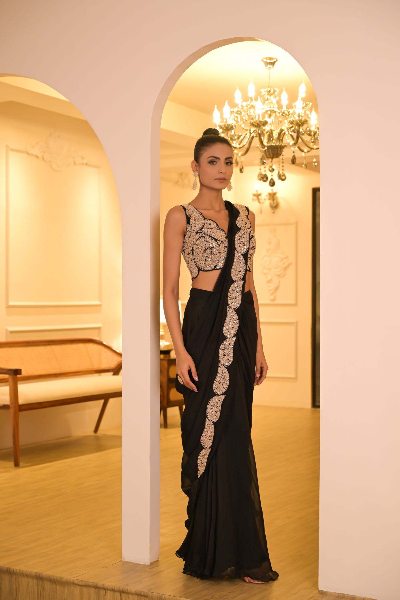 Black Embroidered Pre-Draped Saree Set