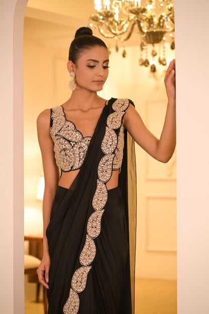 Black Embroidered Pre-Draped Saree Set