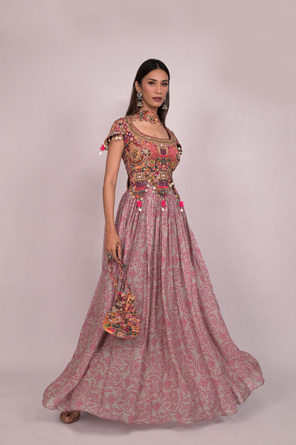 Designer crop top with skirt and chokar dupatta