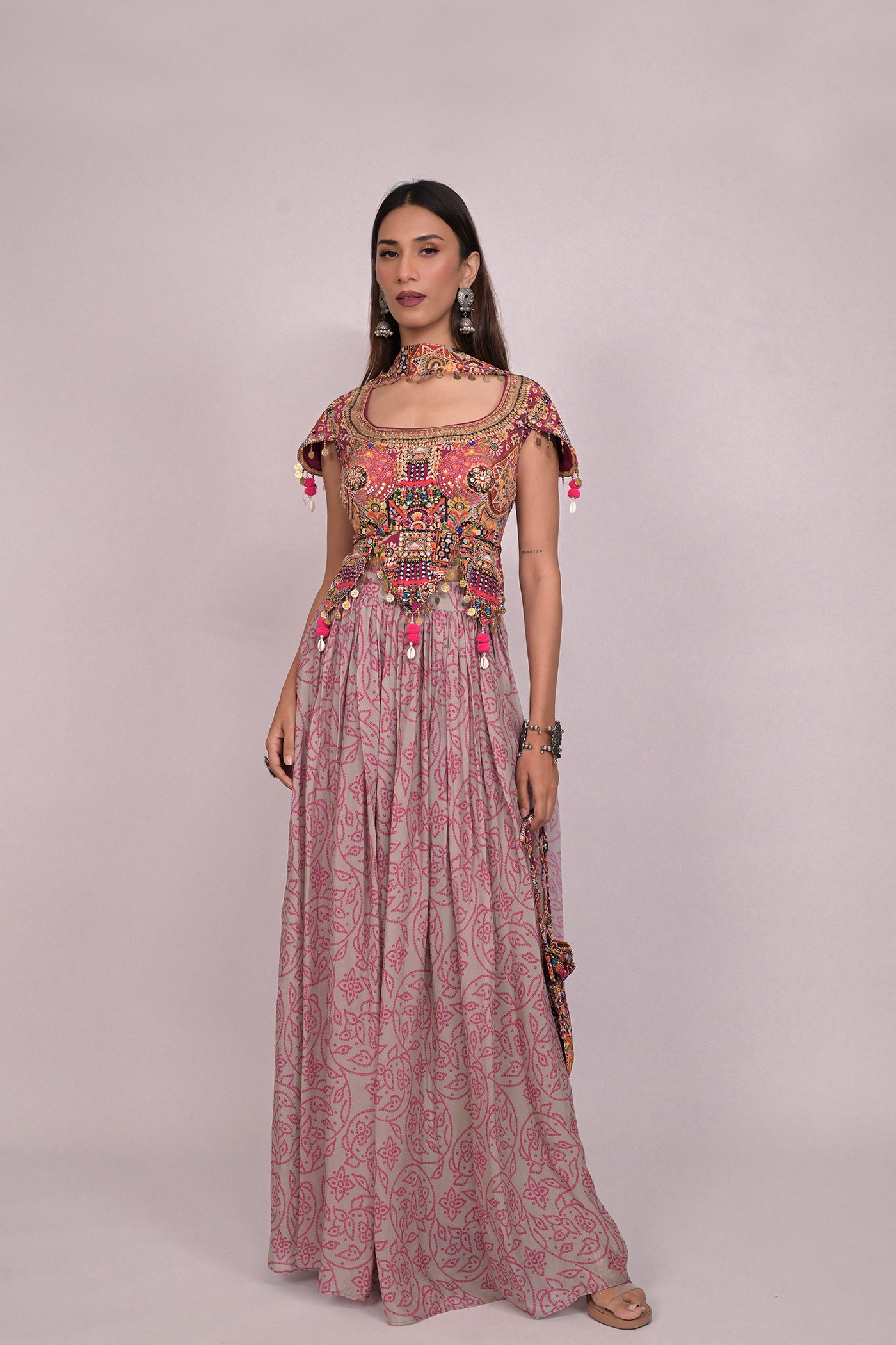 Designer crop top with skirt and chokar dupatta