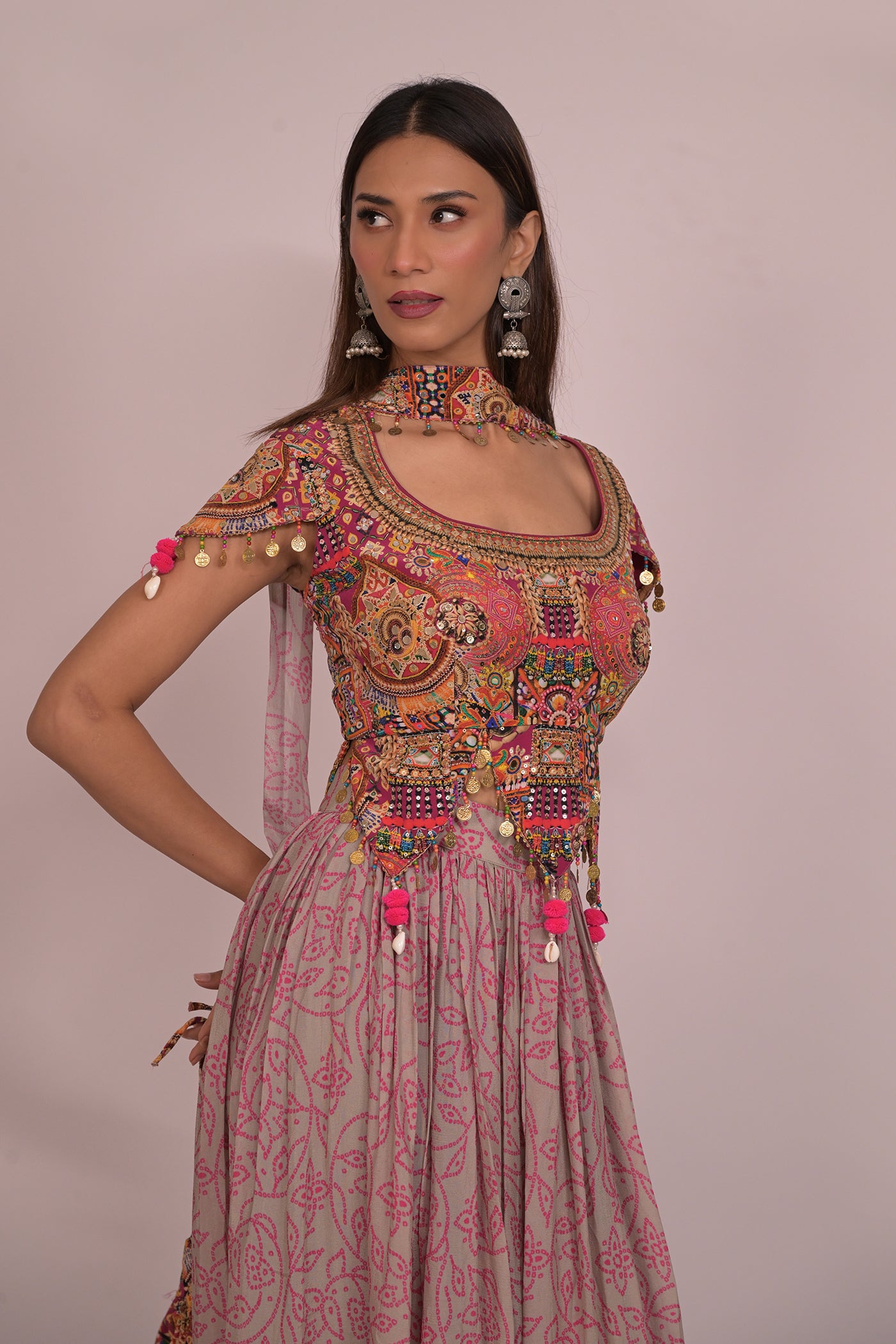 Designer crop top with skirt and chokar dupatta