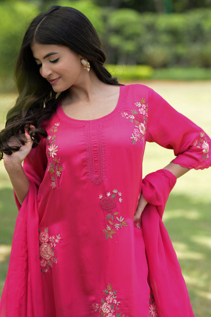 Fuchsia Bloom Satin Organza Kurta Set