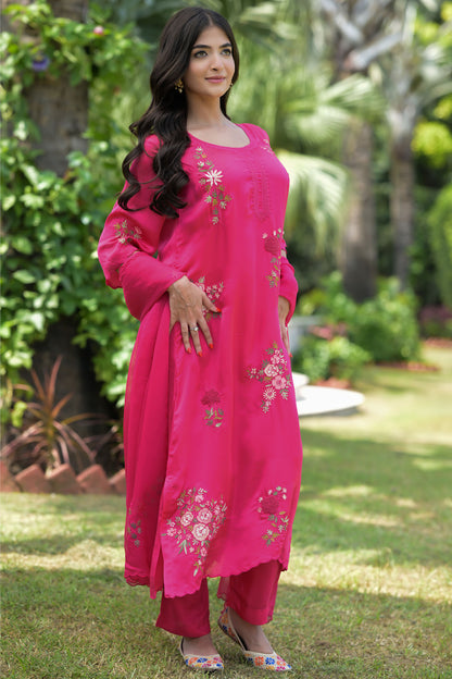 Fuchsia Bloom Satin Organza Kurta Set