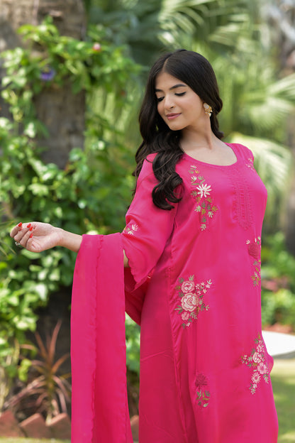 Fuchsia Bloom Satin Organza Kurta Set