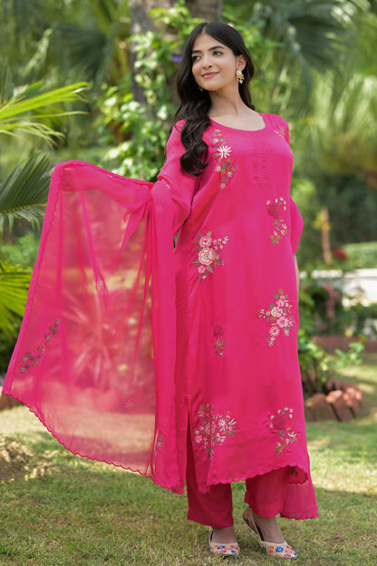Fuchsia Bloom Satin Organza Kurta Set