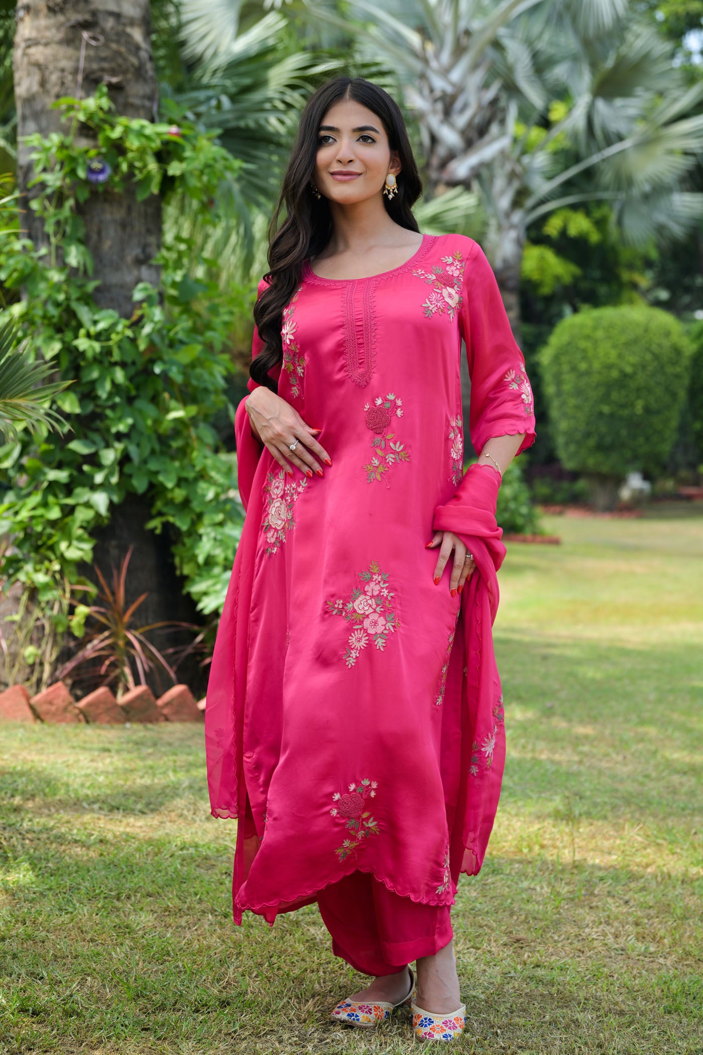 Fuchsia Bloom Satin Organza Kurta Set