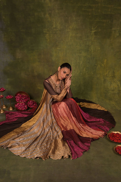 Gold & Wine Handcrafted Panelled Anarkali
