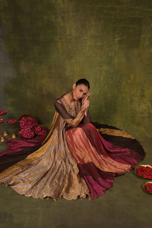 Gold & Wine Handcrafted Panelled Anarkali
