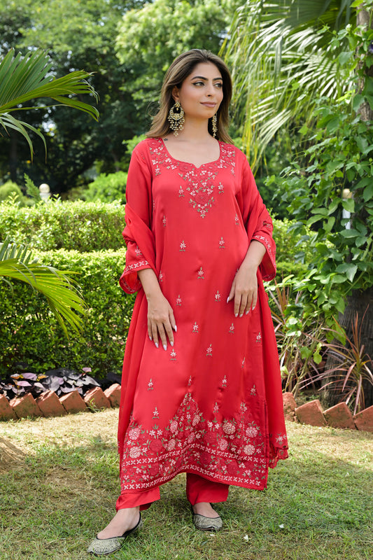 Scarlet Glow Satin Organza Kurta Set
