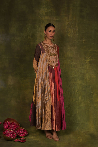 Gold & Wine Handcrafted Panelled Anarkali