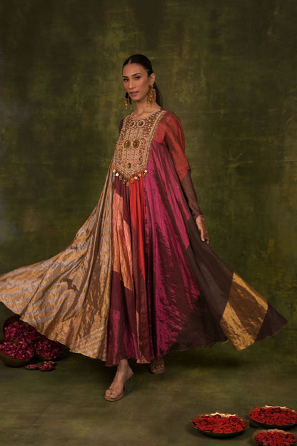 Gold & Wine Handcrafted Panelled Anarkali