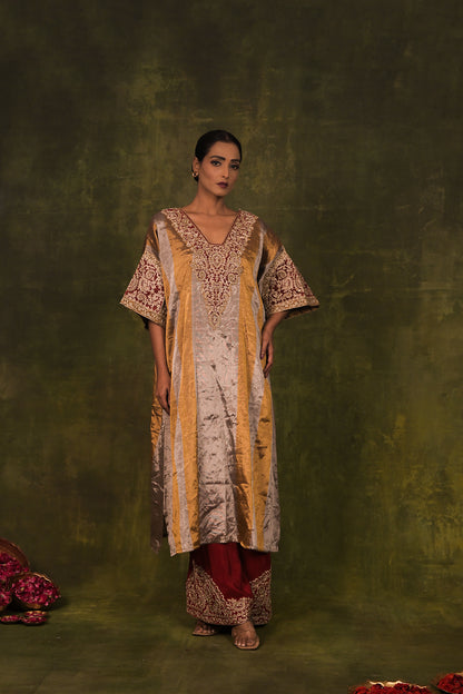 Golden Maroon Embroidered Kaftan Set