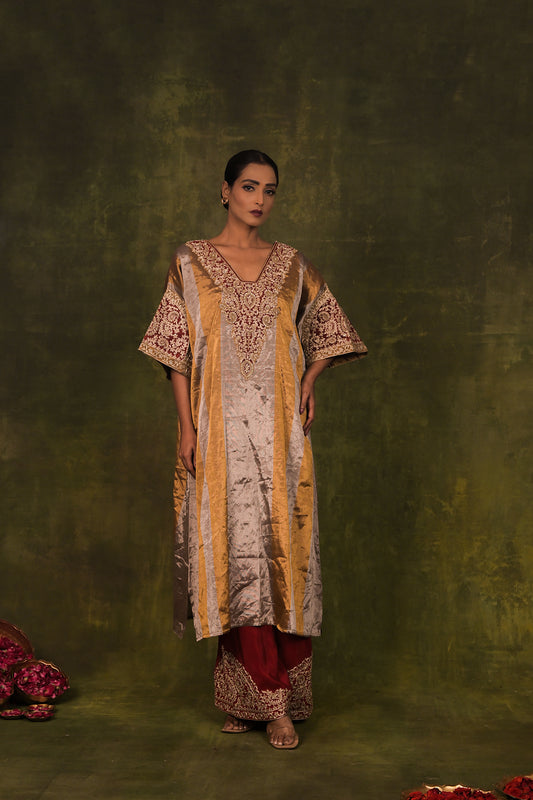 Golden Maroon Embroidered Kaftan Set