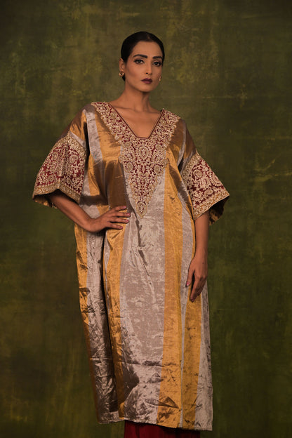 Golden Maroon Embroidered Kaftan Set