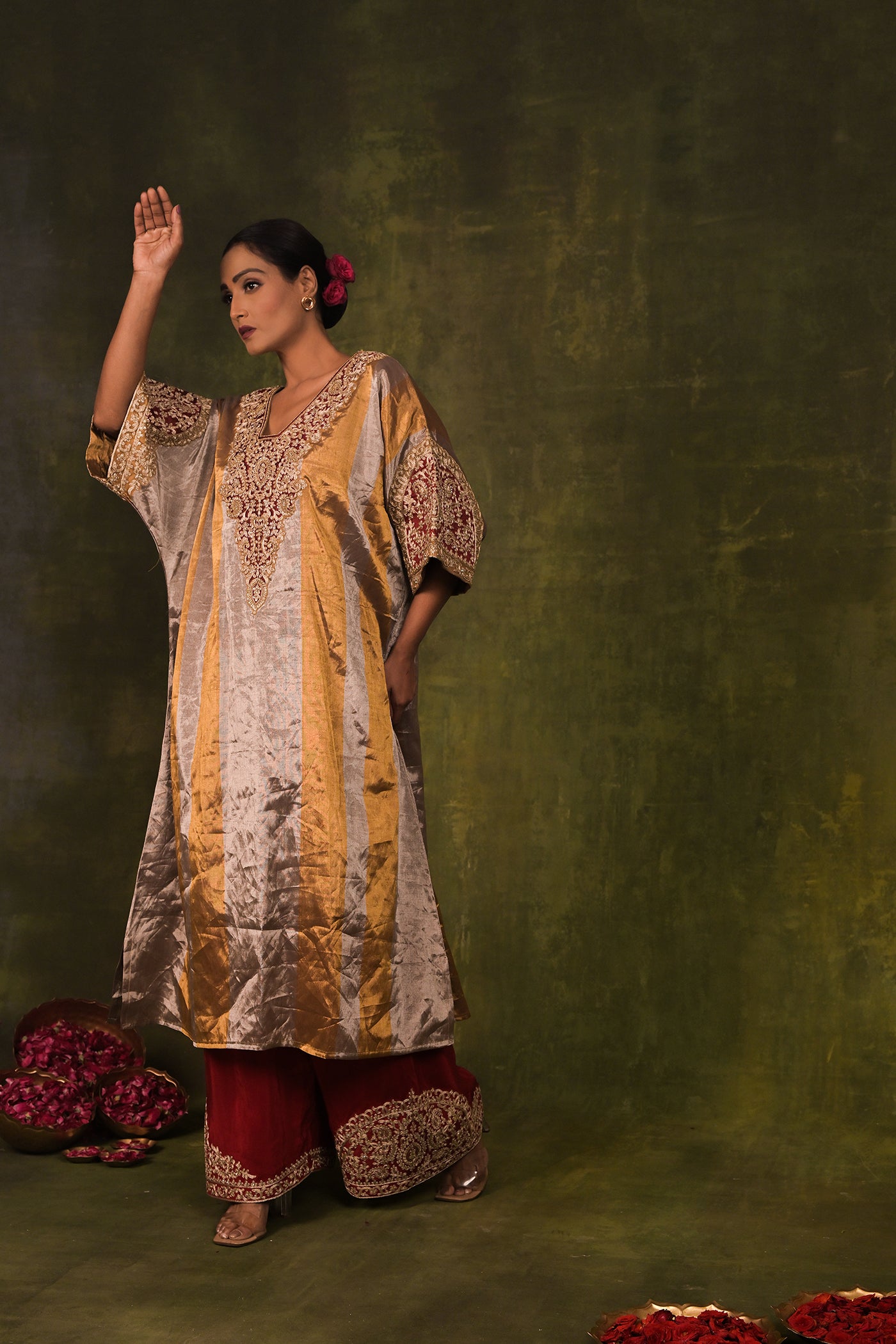 Golden Maroon Embroidered Kaftan Set
