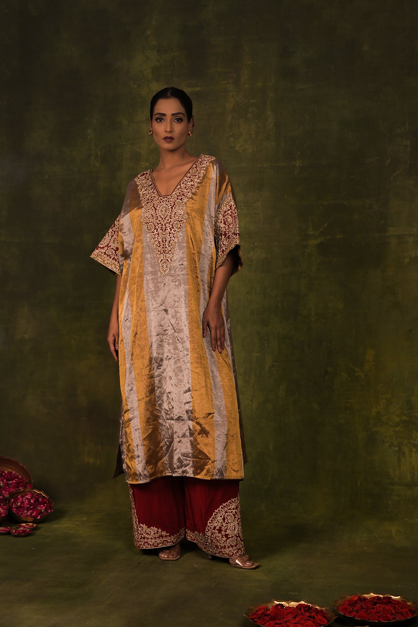 Golden Maroon Embroidered Kaftan Set